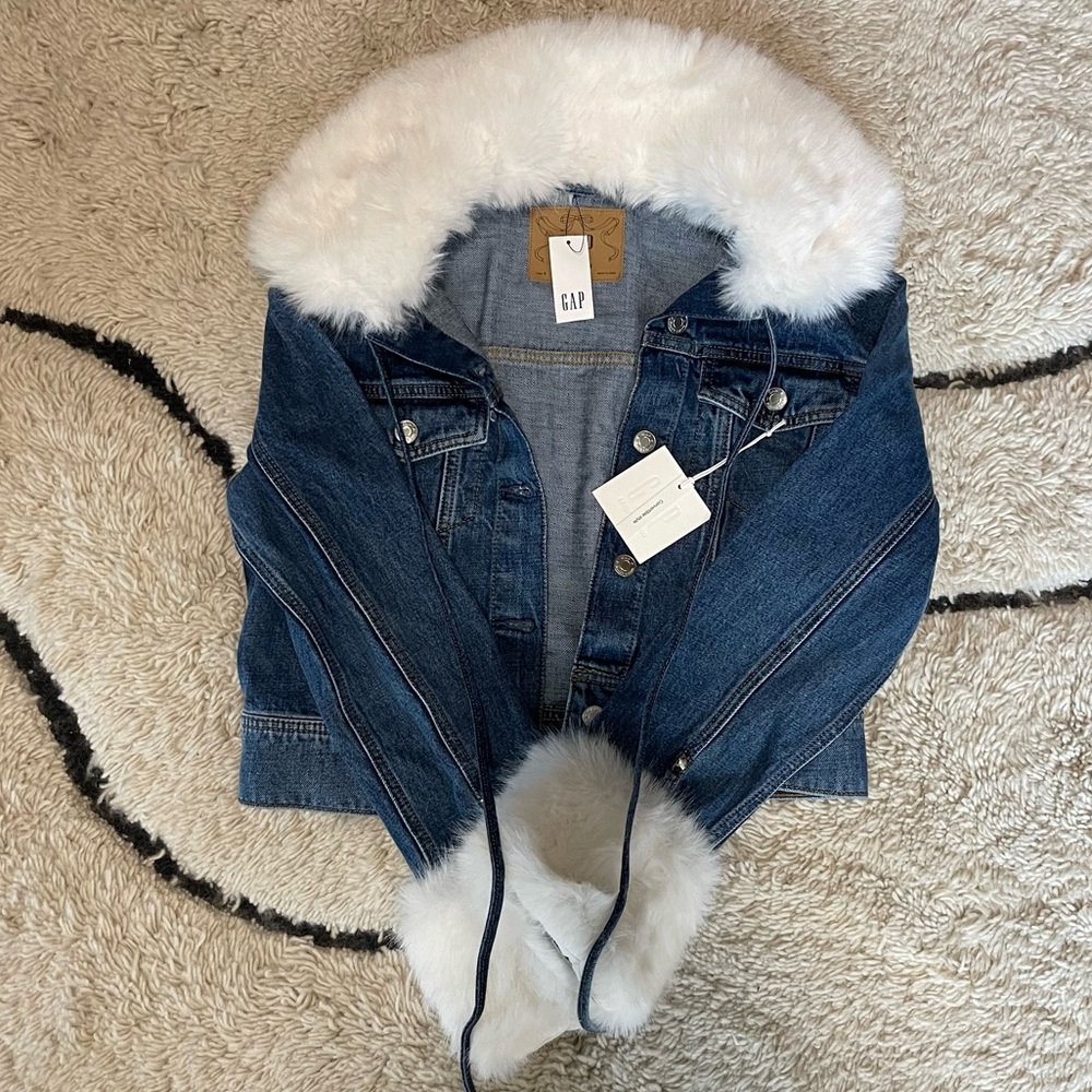 Sandy Liang x GAP Blue Denim Jacket with White Faux Fur